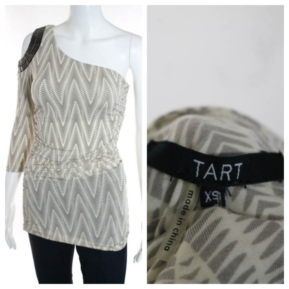 Beige Abstract Print Beaded Off Shoulder XS